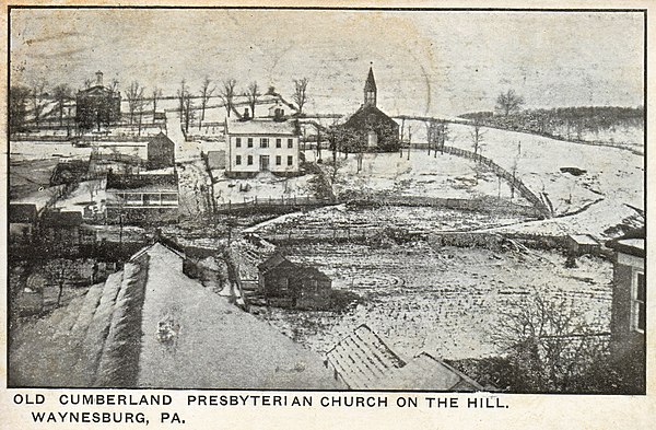 Waynesburg c. 1865, showing the Union School (upper left) and the Old Cumberland Presbyterian Church (upper right)