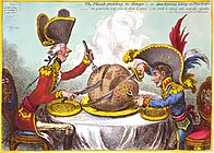 Den britiske ministeren William Pitt den yngre og den nye franske keisaren Napoleon deler kloden, 1805. Pitt tar ein klart større del til Storbritannia.