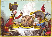 James Gillray's The Plumb-pudding in Danger (1805). The world being carved up into spheres of influence between Pitt and Napoleon. According to Martin Rowson, it is "probably the most famous political cartoon of all time--it has been stolen over and over and over again by cartoonists ever since." Caricature gillray plumpudding.jpg