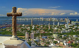 View of the Santa Cruz de Manga Islands, Boca Grande and Castillo Grande and Tierra Bomba seen from Cerro de la Popa. Cartagena de Indias, Colombia.