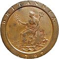 Britannia sedente, o motivo principal das moedas de cobre inglesas da Soho Mint.