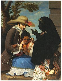 Espanol (Spaniard) + Negra (black woman), Mulata. Miguel Cabrera. Mexico 1763 Castas 04mulata max.jpg