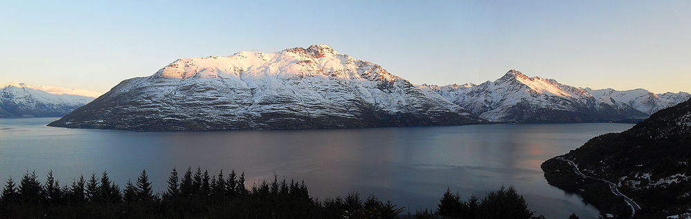 View from Fernhill of Cecil Peak (Walter Peak on right). Ka Kamu-a-Hakitekura is the Maori name for both mountains. Cecil-Peak-and-Walter-Peak-with-snow.jpg