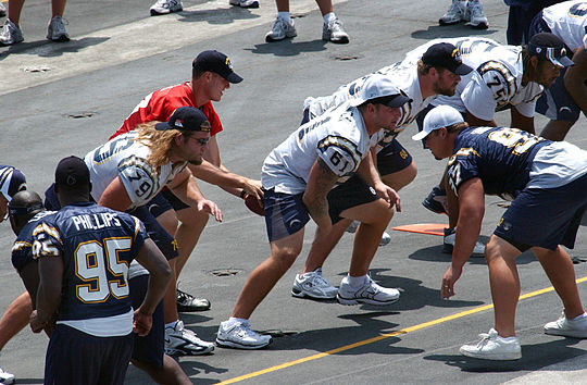 Chargers players (including quarterback Philip Rivers) practice aboard the USS Ronald Reagan on August 11, 2006