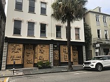 Business in downtown Charleston with boarded windows on May 31 after protests escalated the previous night. Charleston SC George Floyd Protests May 31 2020.jpg