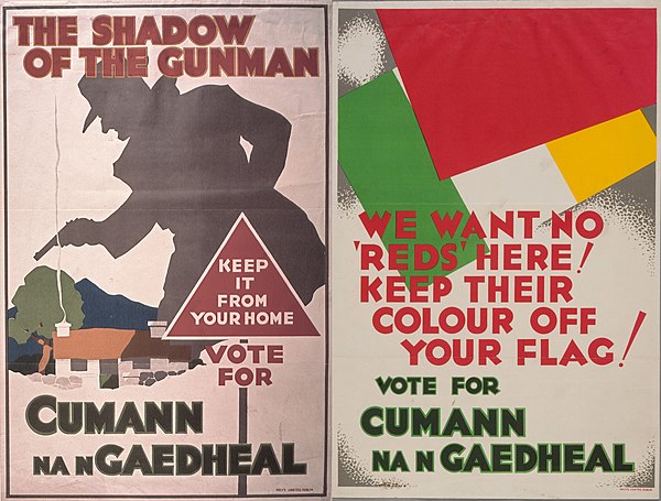 During the 1932 election Cumann na nGaedheal propaganda linked Fianna Fáil to the IRA, and the IRA to Communism.