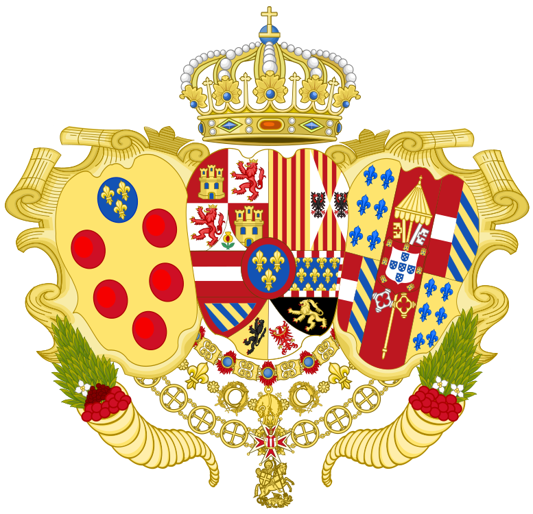 Coat of arms as Infante of Spain, Sovereign Duke of Parma, Piacenza and Guastalla, and Grand Prince and Heir of Tuscany(1731–1735)[53]