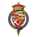 Warwick's coat of arms as Knight of the Garter. Coat of Arms of Sir Richard Neville, 16th Earl of Warwick, KG.png