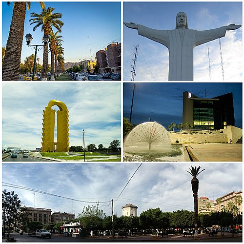 From top to bottom from left to right: the Alameda Ignacio Zaragoza, the Cristo de las Noas, the Puerta de Torreón, the Plaza Mayor and the Plaza de A
