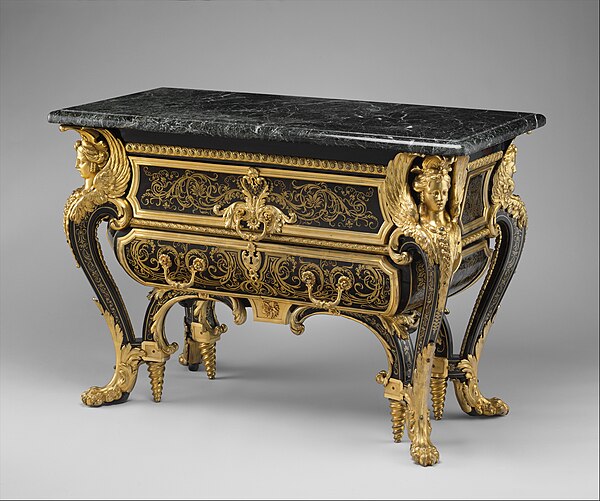 Commode by André-Charles Boulle, son of Jean Boulle: (c. 1710–20). Walnut veneered with ebony, marquetry of engraved brass and tortoiseshell, gilt-bro