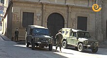 Spanish Army deploys to enforce lockdown in Alcaniz, Aragon, 27 March. Cuarentena Alcaniz Ejercito espanol 2020.jpg