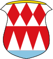 Gemeinde Gössenheim Über blauem Schildfuß geteilt von Silber und Rot; oben nebeneinander drei rote Rauten, unten drei aufsteigende silberne Spitzen.