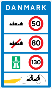 Simple traffic instructions border sign, at the Danish bordering; presented to motorists entering Denmark. Denmark road sign E80.svg