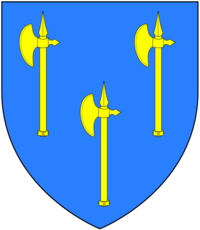 Arms of Denys of Orleigh: Azure, three Danish battle axes erect or, as seen on ledger stone of Elizabeth Denys (1625-1664) on floor of Orleigh Chapel, Buckland Brewer Church, Devon DenysOfOrleighArms.PNG