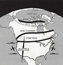 A rough map of the three warning lines. From north to south: the Distant Early Warning (DEW) Line, Mid-Canada Line, and Pinetree Line. Dew line 1960.jpg