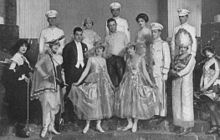 Onstage (center) at the Ziegfeld Follies.  Their friend Olive Thomas can be seen just above the leftmost Dolly Sister
