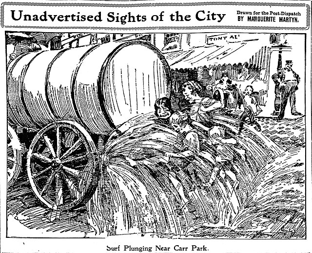 In 1914 St. Louis, Missouri, litter was removed from streets by water wagons, as shown in this drawing by Marguerite Martyn of the St. Louis Post-Disp