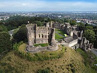 Dudley Castle, inherited by Isabella de Cherleton of Powys, wife of Sir John de Sutton II Dudley Castle, England, Aerial View.jpg