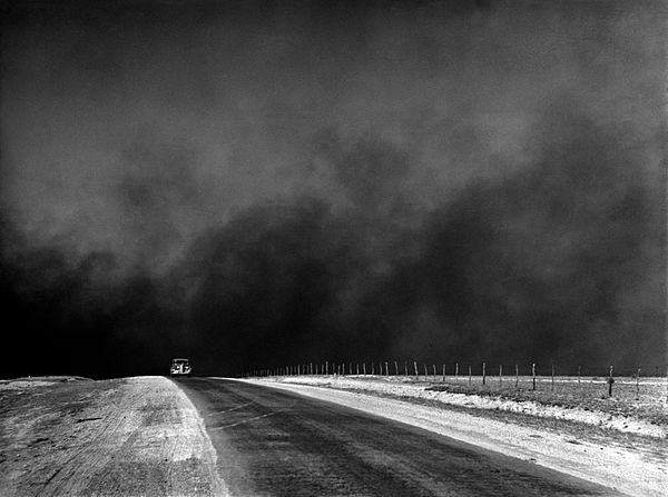 Heavy black clouds of dust rising over the Texas Panhandle, Texas, c. 1936