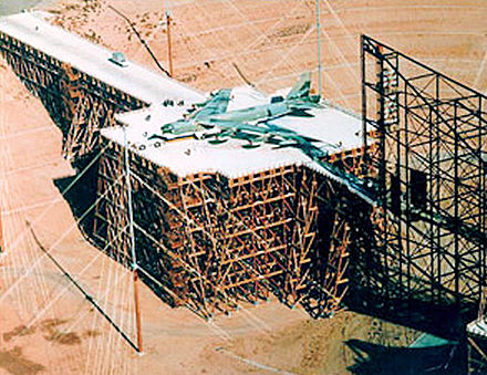 ATLAS-I Electromagnetic pulse (EMP) simulator (The Trestle) with a B-52 Stratofortress during testing