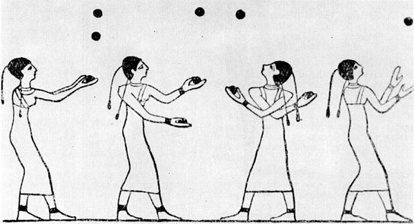 This ancient wall painting appears to depict jugglers. It was found in the 15th tomb of the Karyssa I area, Egypt. According to Dr. Bianchi, associate