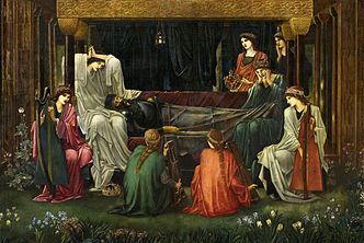 A detail of The Last Sleep of Arthur in Avalon by Edward Burne-Jones (1898), a painting showing Morgan (with her sisters) in her initial portrayal and role from Vita Merlini.