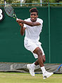 Elias competing in the second round of the 2015 Wimbledon Qualifying Tournament at the Bank of England Sports Grounds in Roehampton, England. The winners of three rounds of competition qualify for the main draw of Wimbledon the following week.