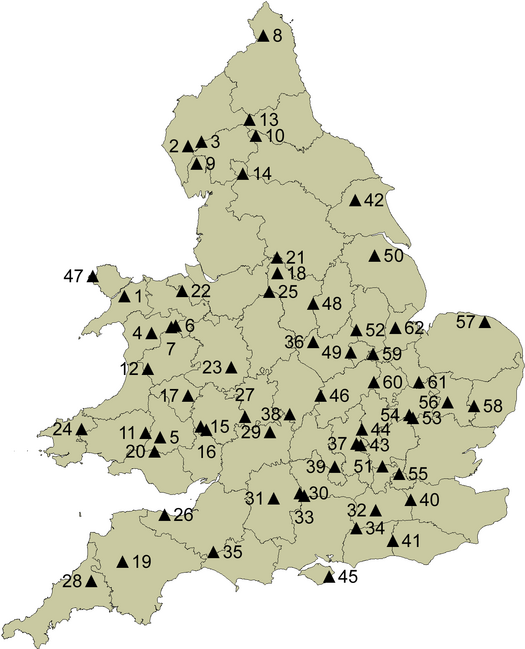 England and Wales, showing county tops in 1964 England and Wales 1964 tops.png