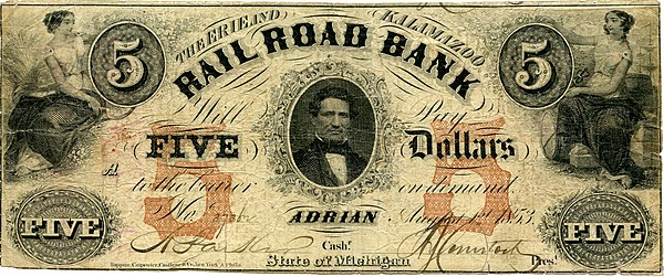 The Erie & Kalamazoo Rail Road Bank was chartered by the Territory of Michigan and opened in the village of Adrian in 1835.