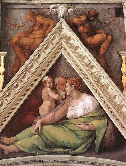 The composition of this spandrel is similar to a Flight into Egypt.