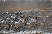 Bas-relief La Conquête de la Franche-Comté, par Martin Desjardins (musée du Louvre) ; en arrière-plan, la ville de Besançon.