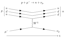 Feynman diagram of the muon capture. A negatively charged muon is captured by a proton. The proton is transformed into a neutron and a muon-neutrino is emitted. The interaction is mediated by a W-boson. Feynman diagram of muon caputure.svg