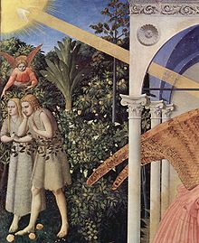 Detail: Adam and Eve hunted out of Paradise "walking on the roses of the garden of Mary" Fra Angelico 096.jpg