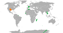 Kaart met locaties van Frankrijk en de Republiek Texas