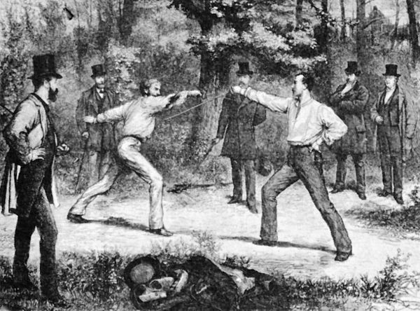 The Code Of Honor—A Duel in the Bois De Boulogne, Near Paris, wood-engraving after Godefroy Durand, Harper's Weekly (January 1875)