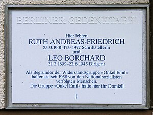 Berlin memorial plaque, Ruth Andreas-Friedrich (Onkel Emil [de])