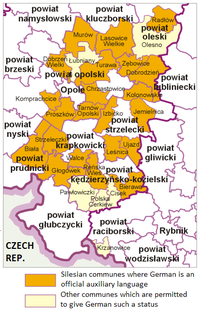 German language as auxiliary language in 22 municipalities in Opole and Silesia Voivodeships (slightly outdated map from 2010) German language in gminas.png