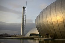 Glasgow Tower, Scotland's tallest tower, and the IMAX Cinema at the Glasgow Science Centre. Glasgow Science Centre.jpg