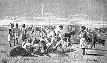 West African tribes meet to trade gum arabic at Bakel on the Senegal River, 1890 (illustration from "Cote occidentale d'Afrique du Colonel Frey", pl. en reg. p. 100) GommeBakel.jpg