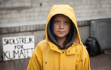 Greta Thunberg striking in Stockholm (2018). A detail of this photo illustrates the back cover of the book's first edition. Greta Thunberg 01.jpg