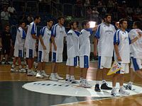 The Greek national basketball team in 2008. Twice European champions (1987 and 2005) and second in the world in 2006 Griechische Basketballnationalmannschaft juli 08.jpg