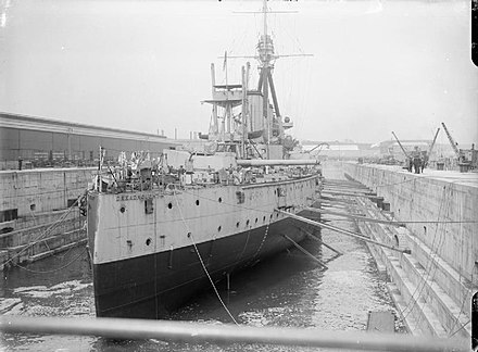 The era-defining HMS Dreadnought, back in Portsmouth for a refit in 1916.