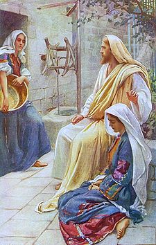 Ježíš, Marie (u nohou) a Marta (vlevo)