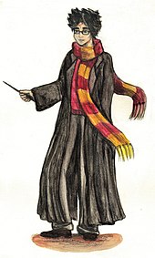 Une représentation de Harry Potter à l'aquarelle et au fusain.