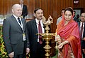 Harsimrat Kaur Badal lighting the lamp to inaugurate the International Food & Hospitality Fair AAHAR, organised by the ITPO, in New Delhi. The Secretary, Ministry of food Processing Industries.jpg