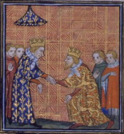 Henry III doing homage to Louis IX of France. As Duke of Aquitaine, Henry was a vassal of the French king. Henry3 LouisIX.jpg
