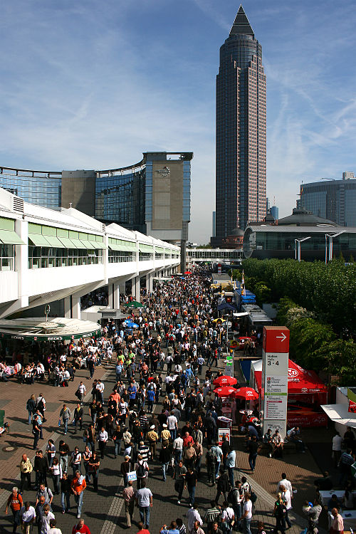 The Frankfurt Trade Fair during the 2007 Frankfurt Motor Show with the Messeturm in the background