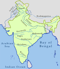 Kart over dei største elvane i Sør-India.