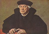 Portrait of chancellor Jan II Carondelet. 1525-1550. oil on panelmedium QS:P186,Q296955;P186,Q106857709,P518,Q861259. 57.3 × 81 cm (22.5 × 31.8 in). City of Brussels, Royal Museums of Fine Arts of Belgium.