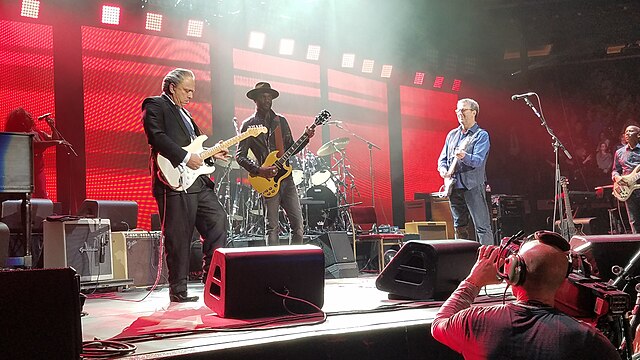 Jimmie Vaughan and Gary Clark, Jr. join Eric Clapton on stage for the encore during Clapton's show at Madison Square Garden on May 19, 2017.